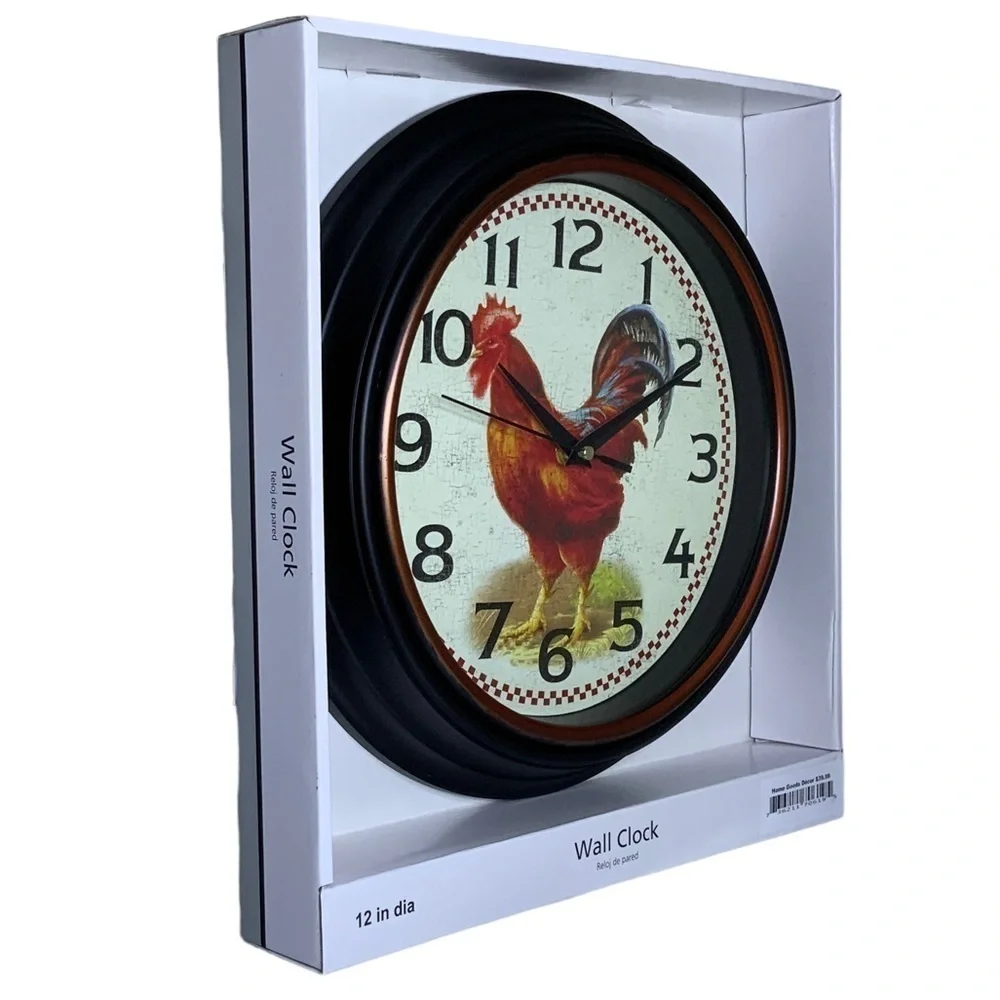 Clock Farmhouse Rooster Quartz Analog Primitive Wall Hanging 12 in Round Black